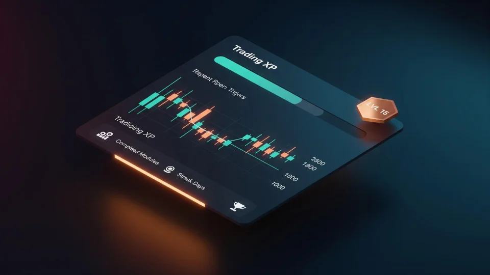 Finura trading XP dashboard with levels, candles, and streak stats